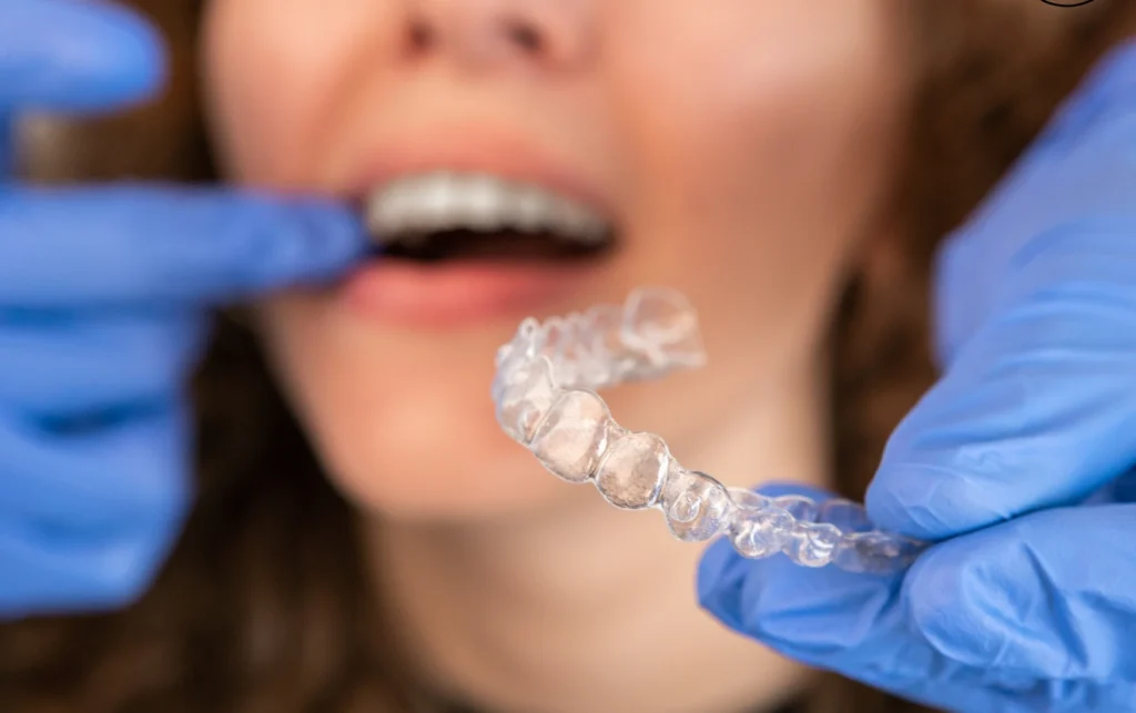 Patient holding Invisalign clear aligners during a dental consultation at Dorri’s Dental in Boynton Beach